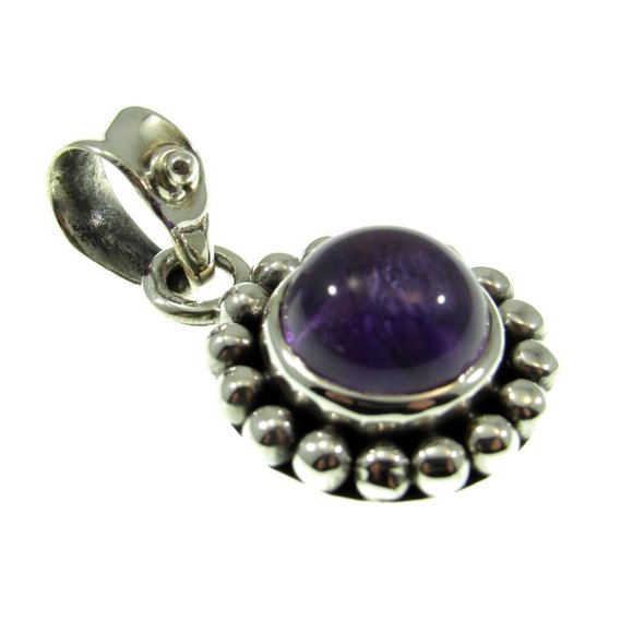 Solid 925 Sterling Silver Round Amethyst Drop Pendant - Bali Style Jewelry - Picture 6 of 8